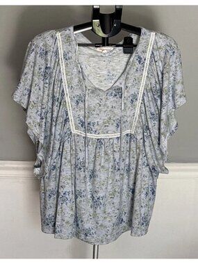 Song N Spirit Women Size XXL Top Blue Floral Print Short Butterfly Sleeve Flowy
